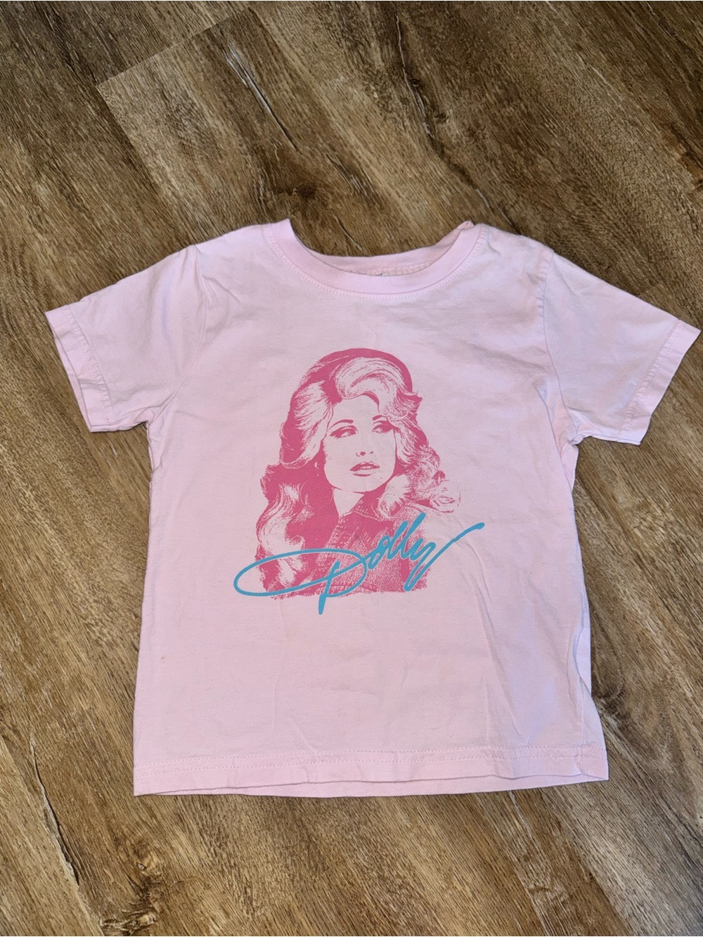 Rabbit Skins Pink Kids Tee with Dolly Portrait and Teal Script